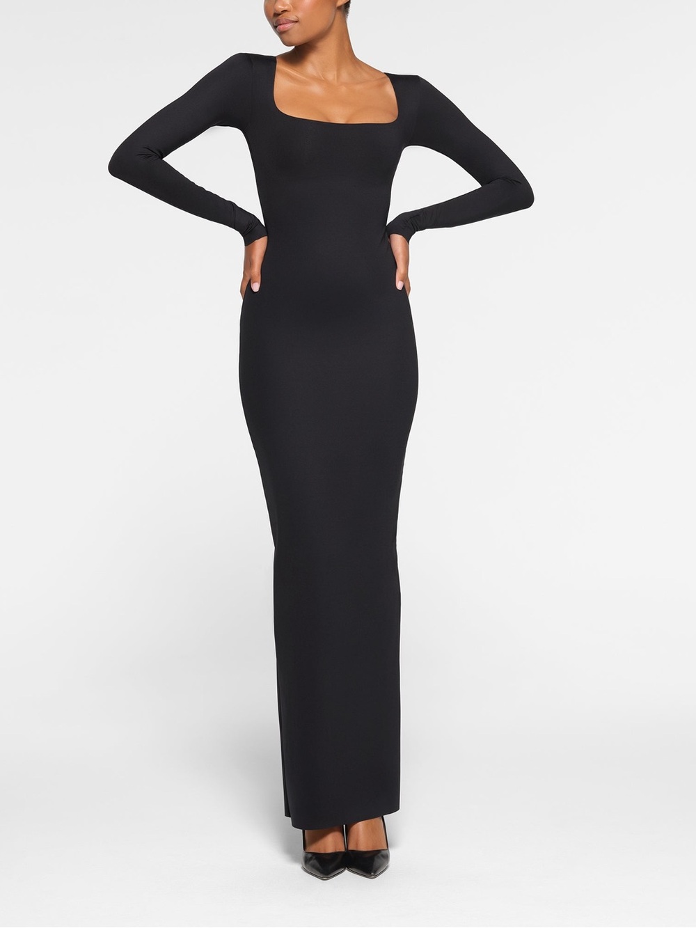 SKIMS Body Long Sleeve Black Maxi Slip Dress - Square Neck Size M Onyx